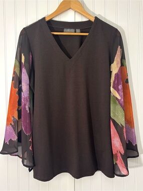 Brandis Brown V-Neck Top Sheer Floral Bell Sleeve Blouse Size M Artsy Feminine